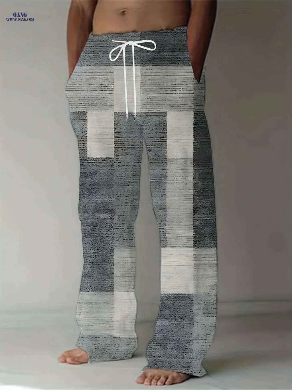 Retro Men's Straight-Leg Pants - Vibrant Patchwork Print & Drawstring   OAXG Mixed Color / M