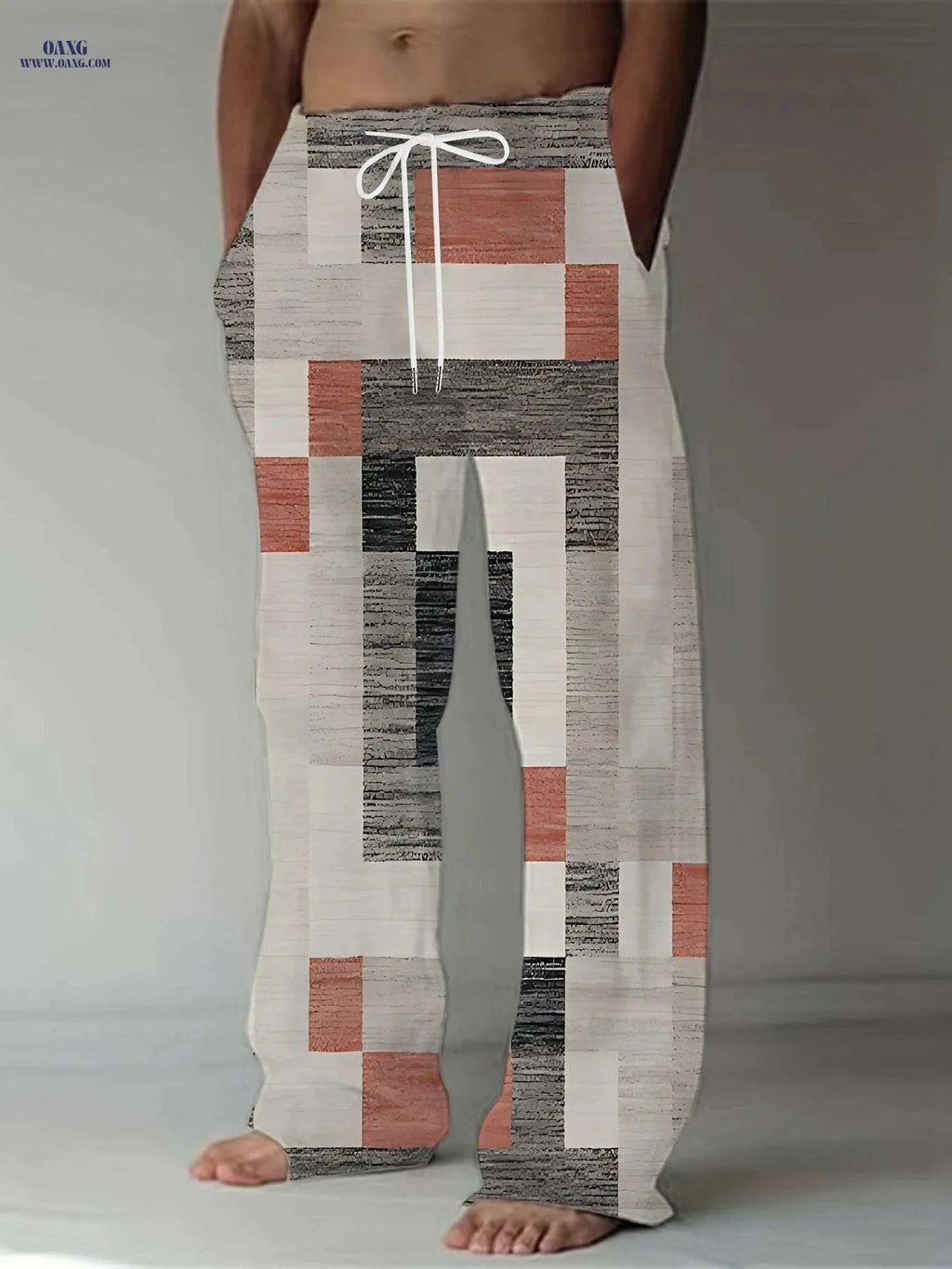 Retro Men's Straight-Leg Pants - Vibrant Patchwork Print & Drawstring   OAXG Mixed Color / M