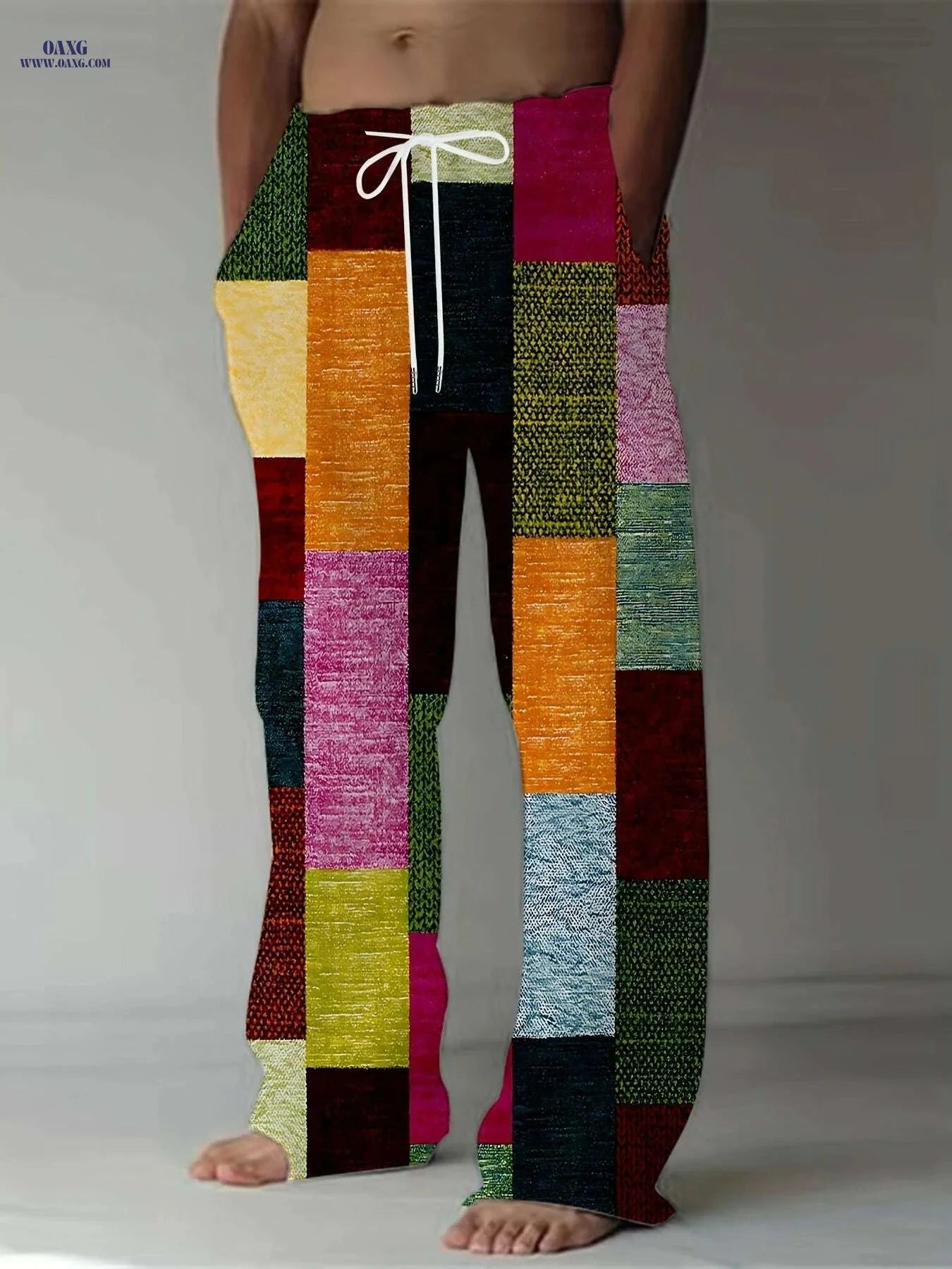 Retro Men's Straight-Leg Pants - Vibrant Patchwork Print & Drawstring   OAXG Mixed Color / M