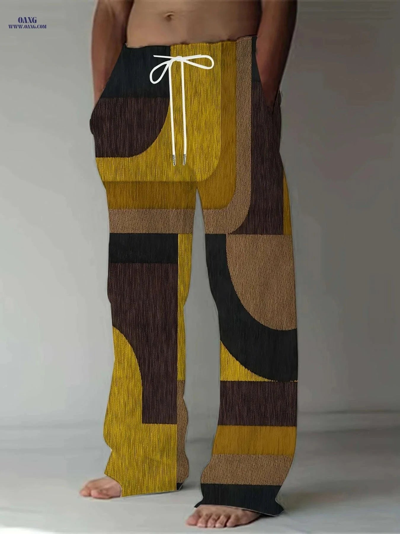 Retro Men's Straight-Leg Pants - Vibrant Patchwork Print & Drawstring   OAXG Mixed Color / M