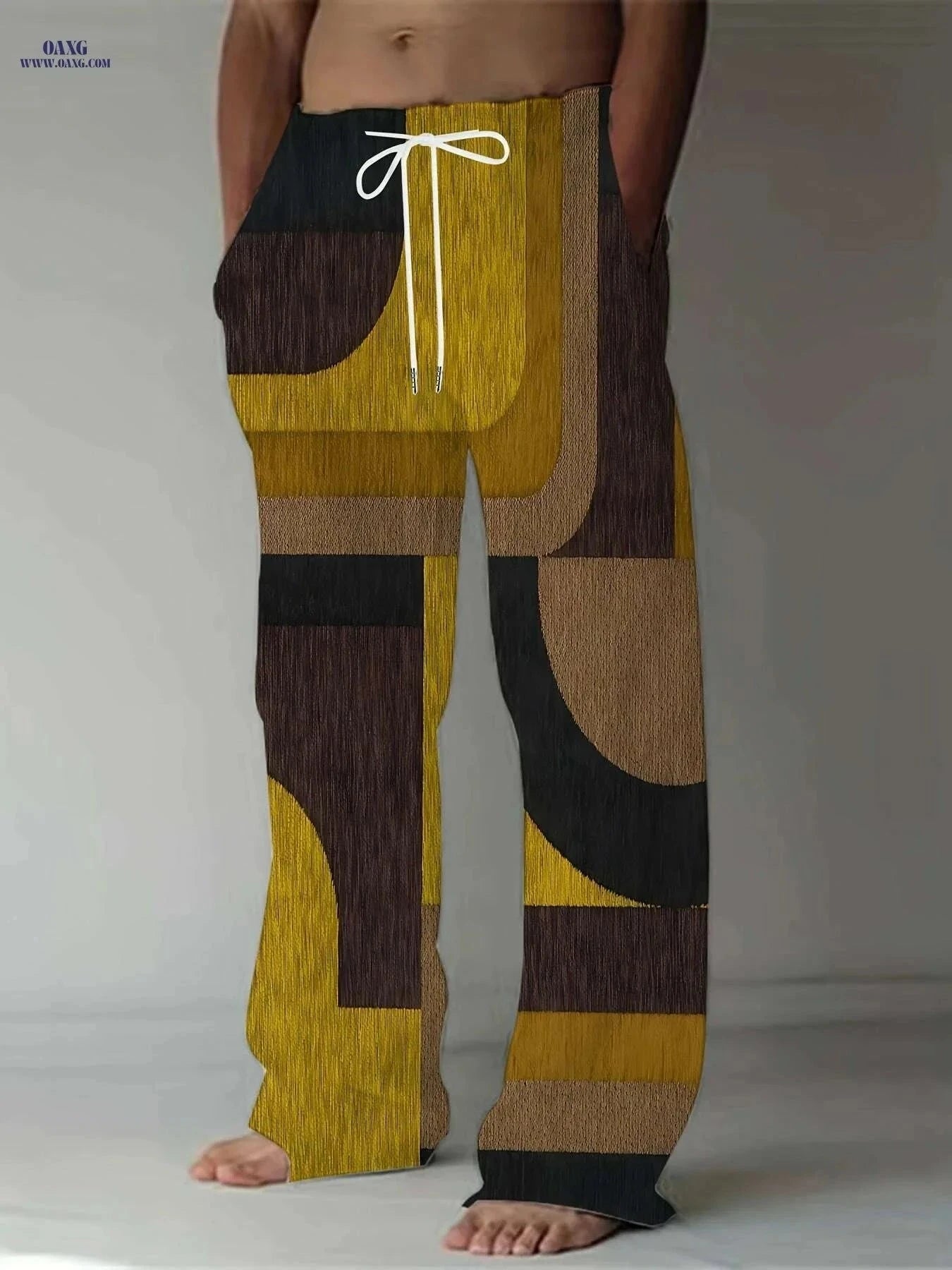 Retro Men's Straight-Leg Pants - Vibrant Patchwork Print & Drawstring   OAXG Mixed Color / M