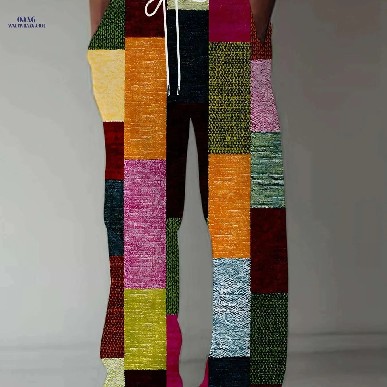 Retro Men's Straight-Leg Pants - Vibrant Patchwork Print & Drawstring   OAXG Mixed Color / M