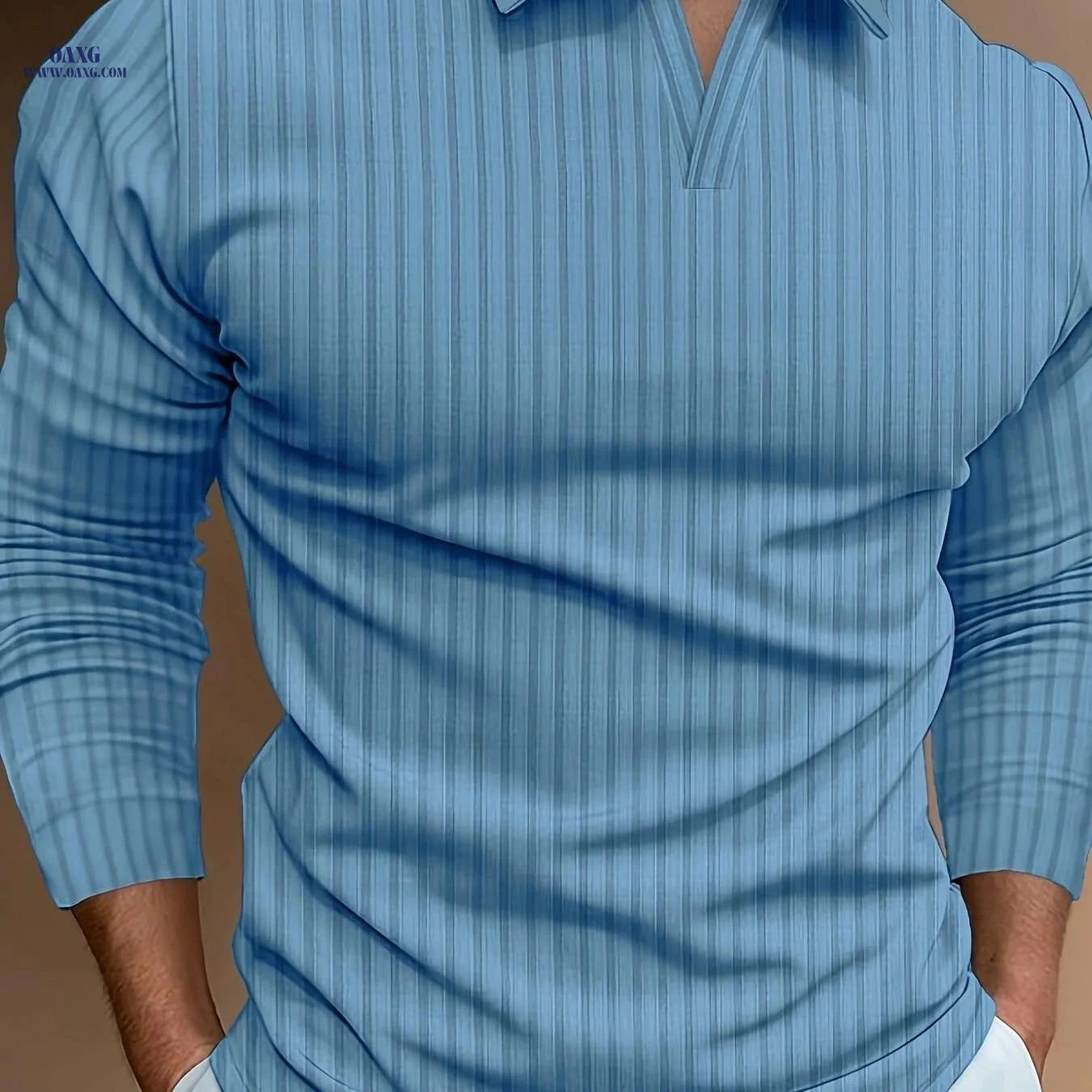 Ribbed V-Neck Long Sleeve Shirt for Men - Casual Spring/Fall Style   OAXG 