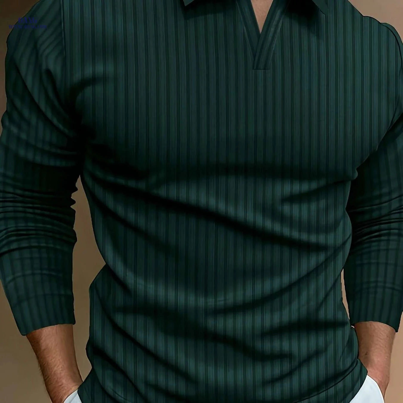 Ribbed V-Neck Long Sleeve Shirt for Men - Casual Spring/Fall Style   OAXG 