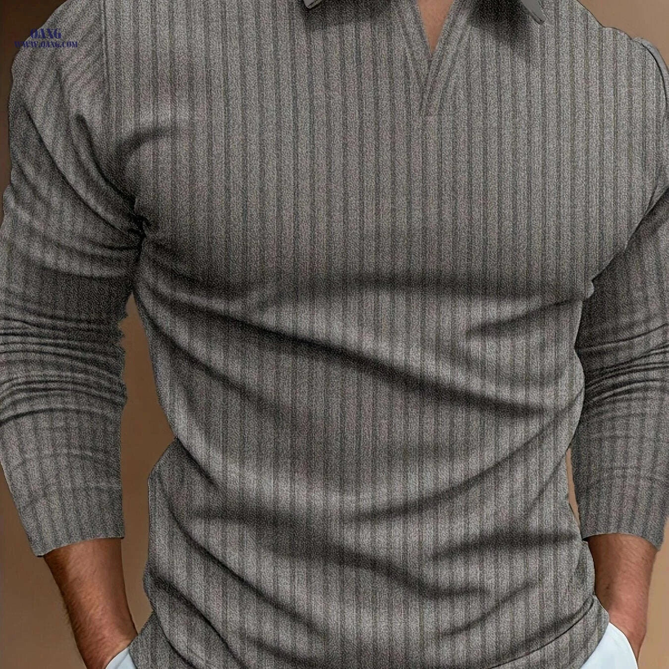 Ribbed V-Neck Long Sleeve Shirt for Men - Casual Spring/Fall Style   OAXG 