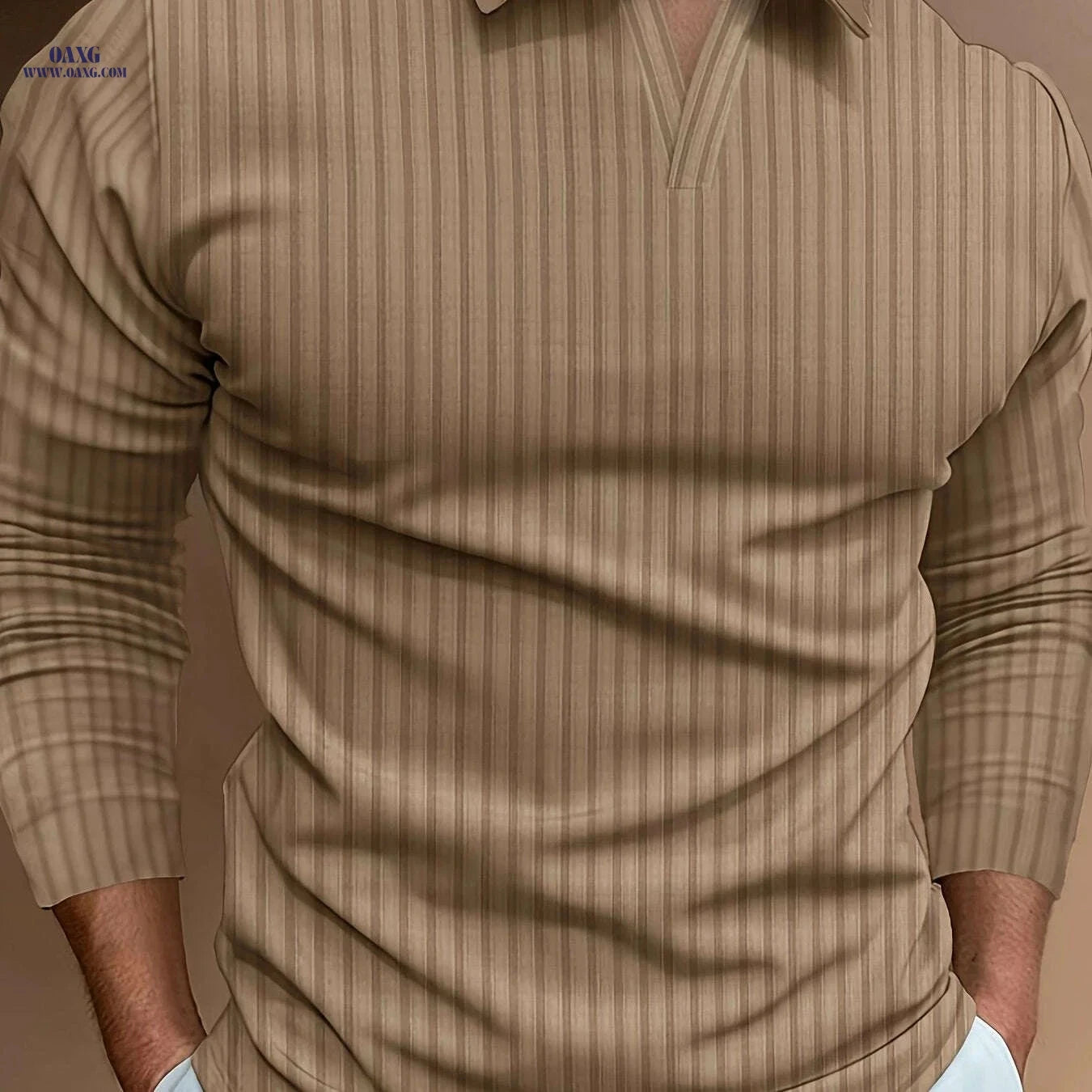 Ribbed V-Neck Long Sleeve Shirt for Men - Casual Spring/Fall Style   OAXG Black / S