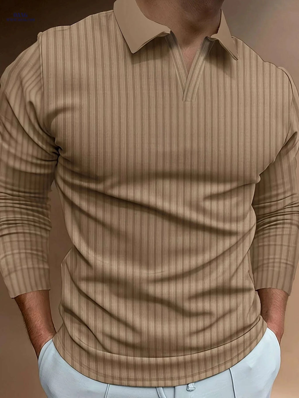 Ribbed V-Neck Long Sleeve Shirt for Men - Casual Spring/Fall Style   OAXG Black / S