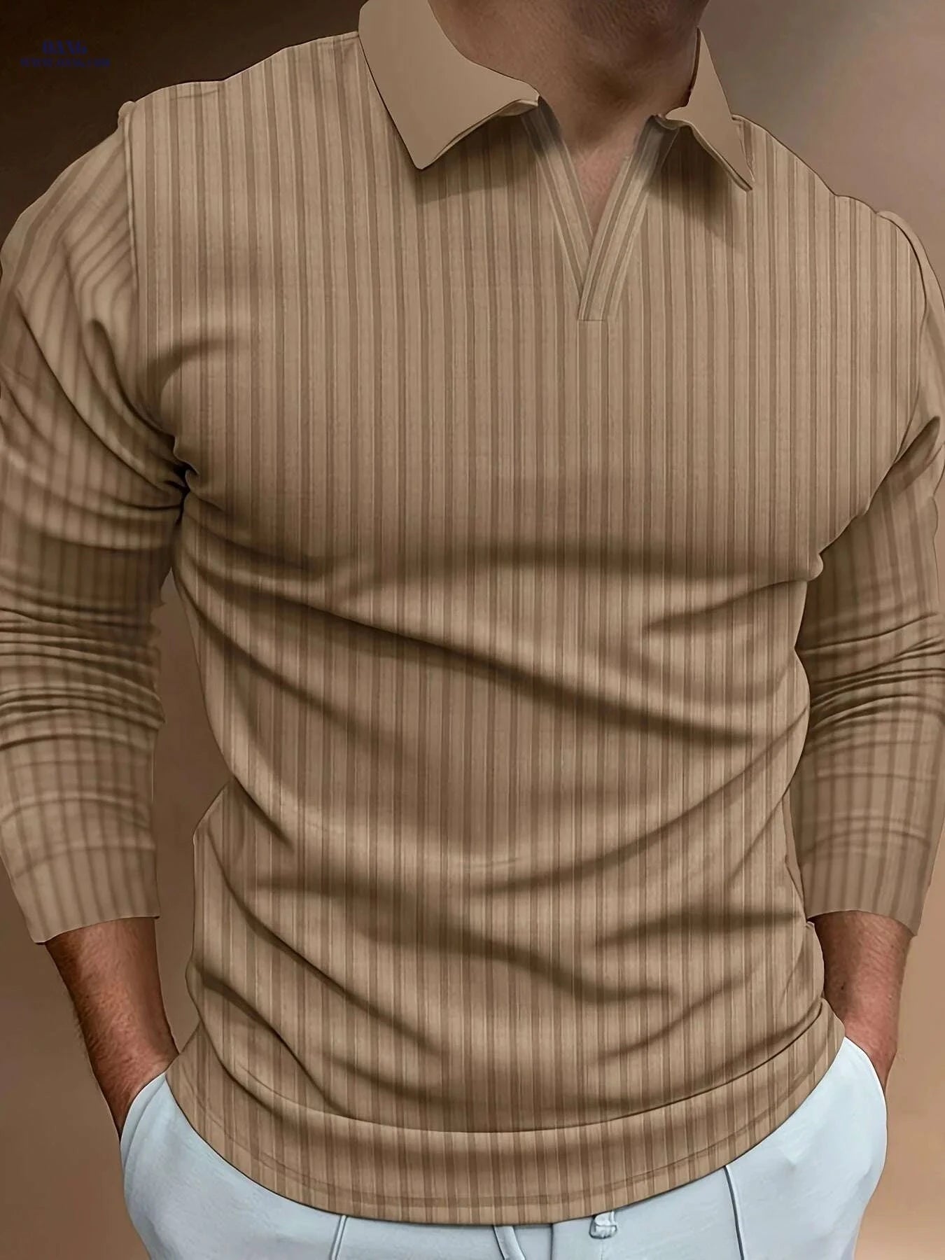 Ribbed V-Neck Long Sleeve Shirt for Men - Casual Spring/Fall Style   OAXG Black / S