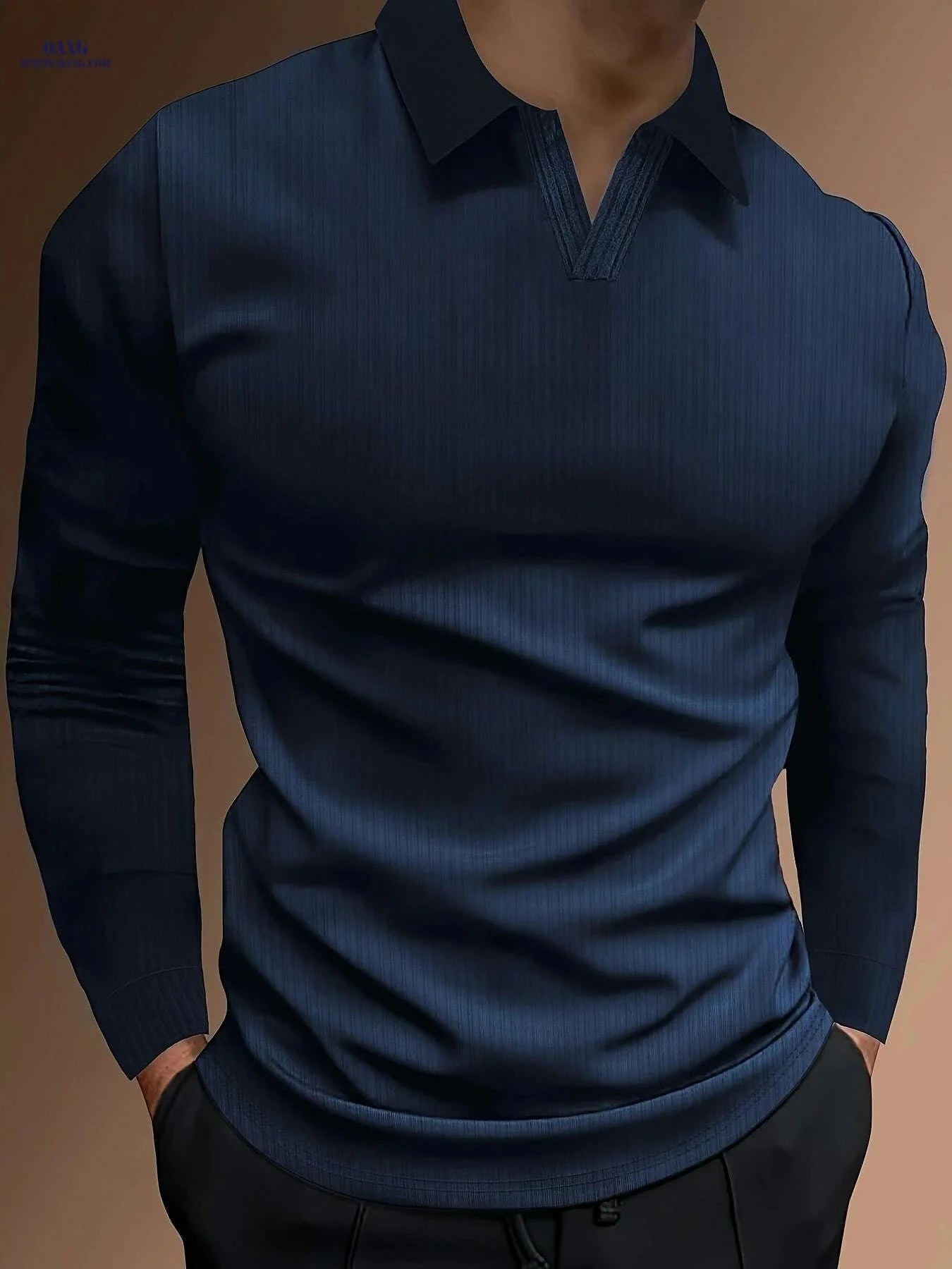 Ribbed V-Neck Long Sleeve Shirt for Men - Casual Spring/Fall Style   OAXG Black / S