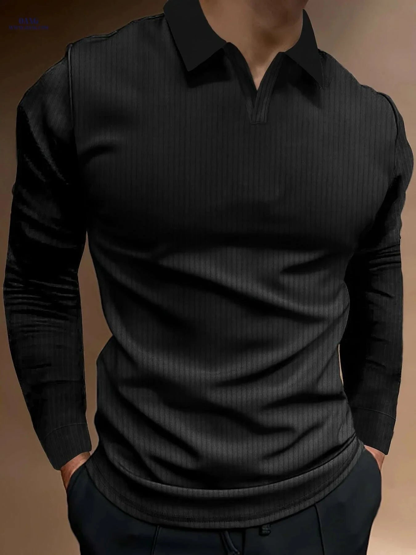 Ribbed V-Neck Long Sleeve Shirt for Men - Casual Spring/Fall Style   OAXG Black / S