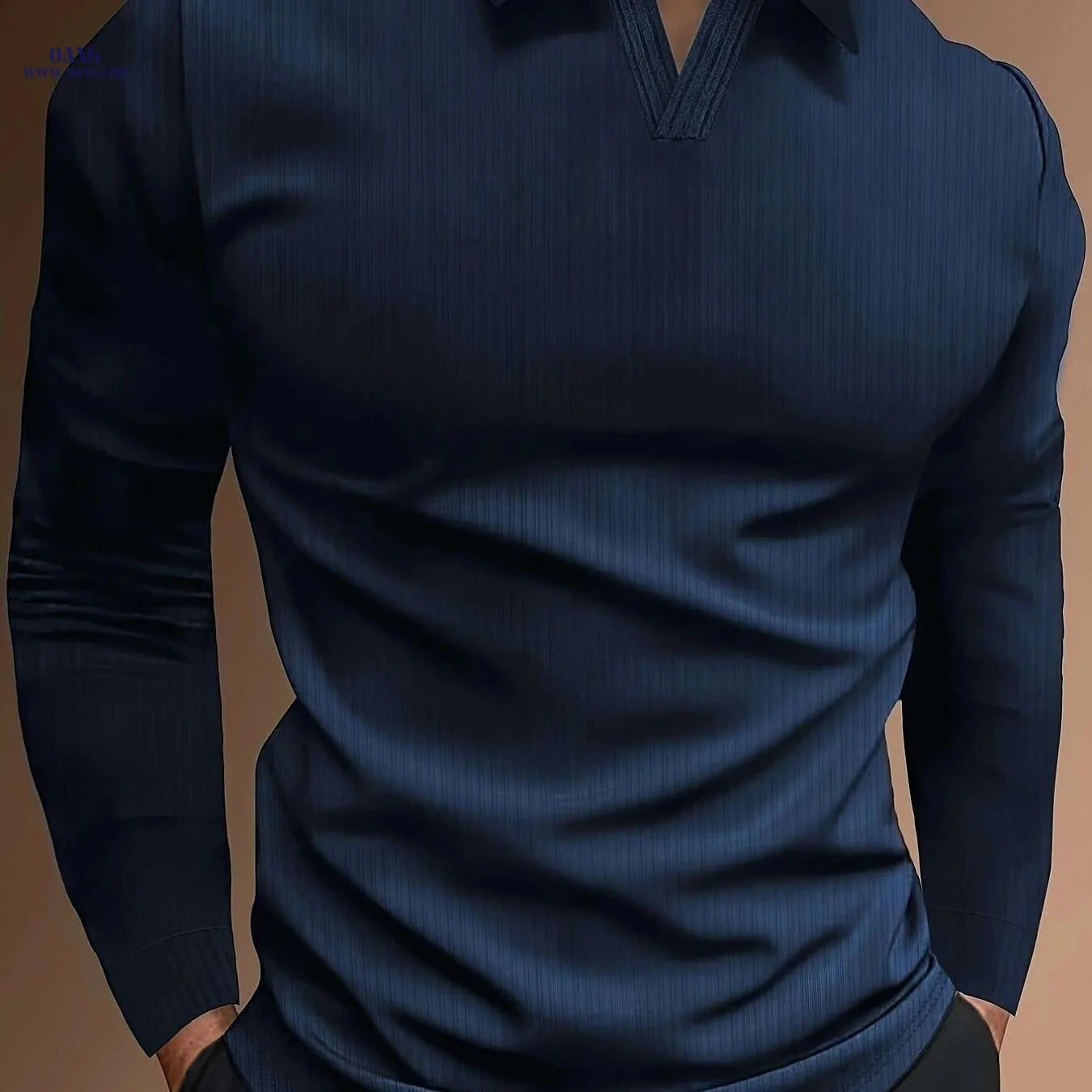Ribbed V-Neck Long Sleeve Shirt for Men - Casual Spring/Fall Style   OAXG 