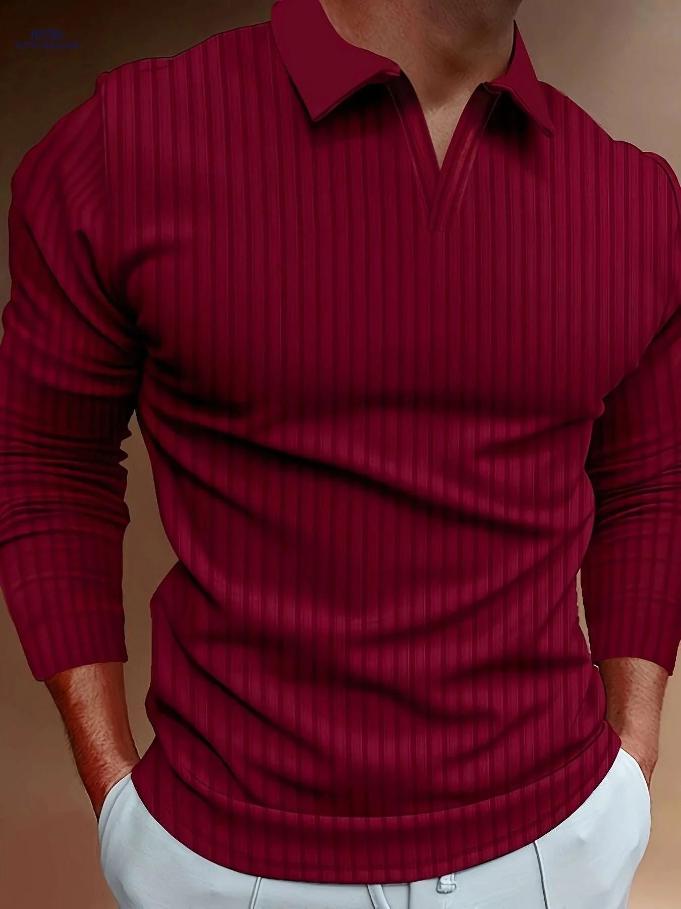 Ribbed V-Neck Long Sleeve Shirt for Men - Casual Spring/Fall Style   OAXG 