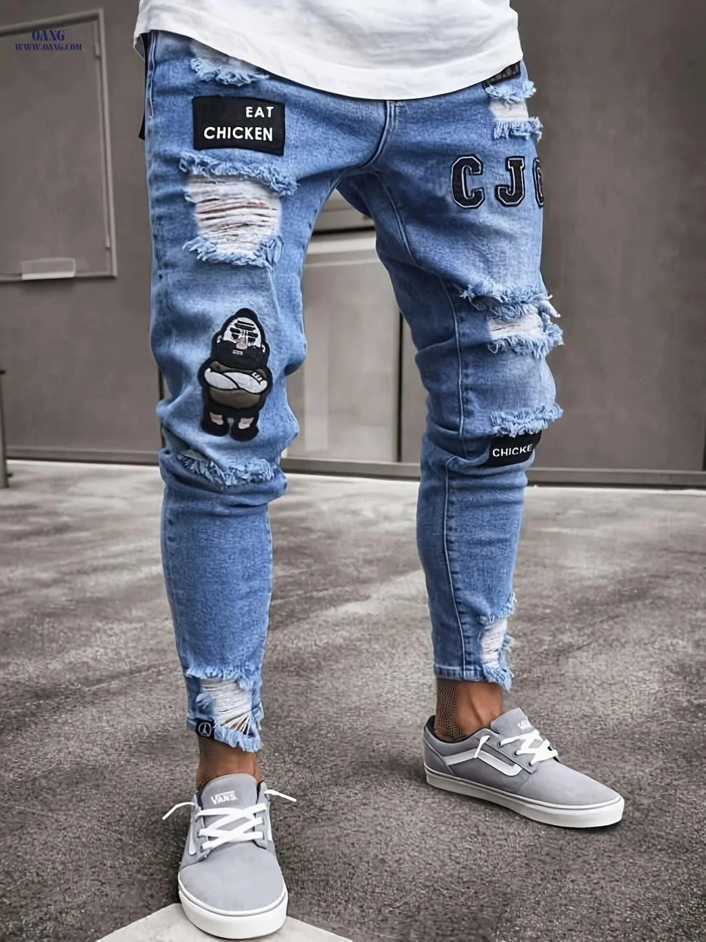 Ripped Skinny Jeans for Men - Stretch Fit Casual Trousers   OAXG White / S