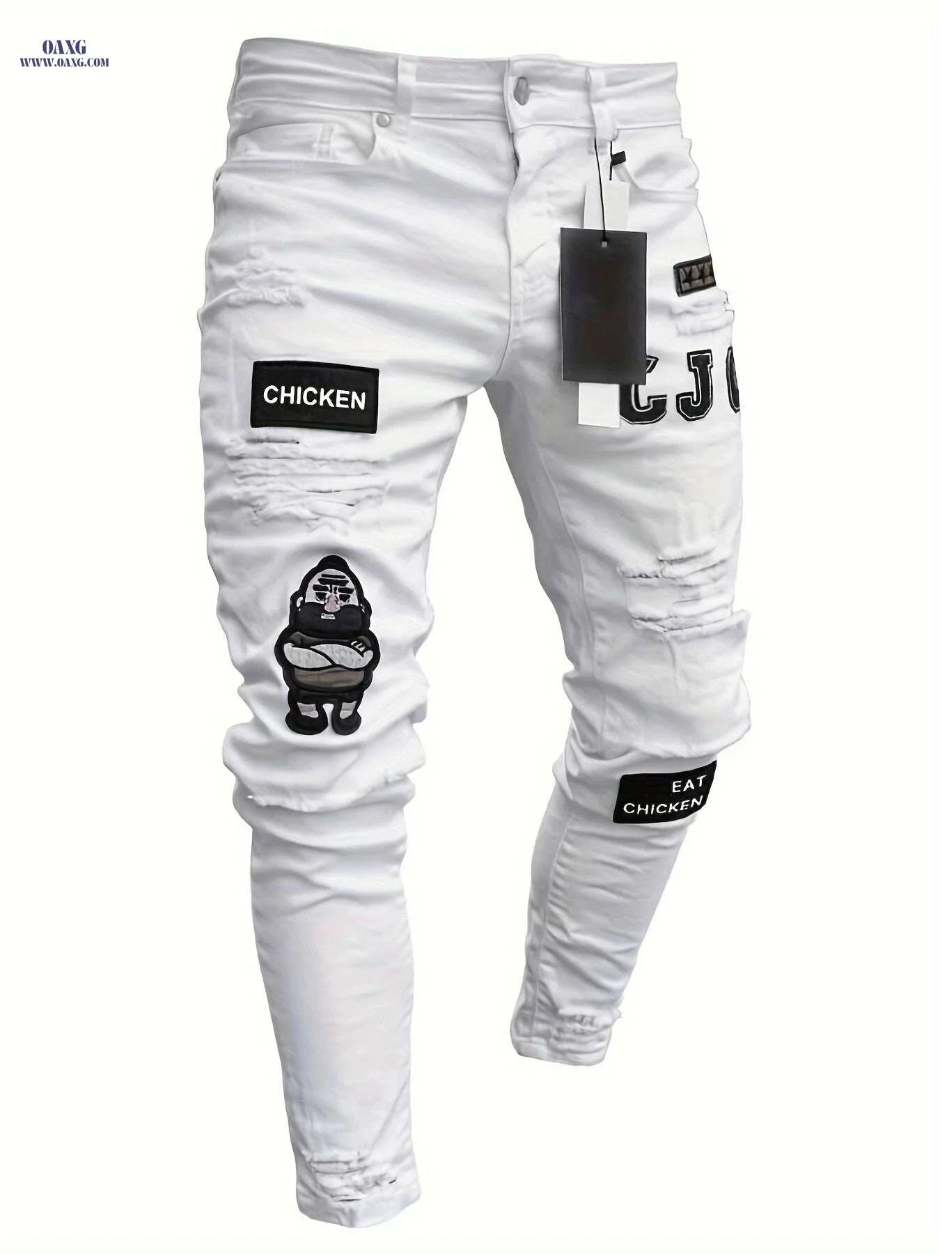 Ripped Skinny Jeans for Men - Stretch Fit Casual Trousers   OAXG White / S