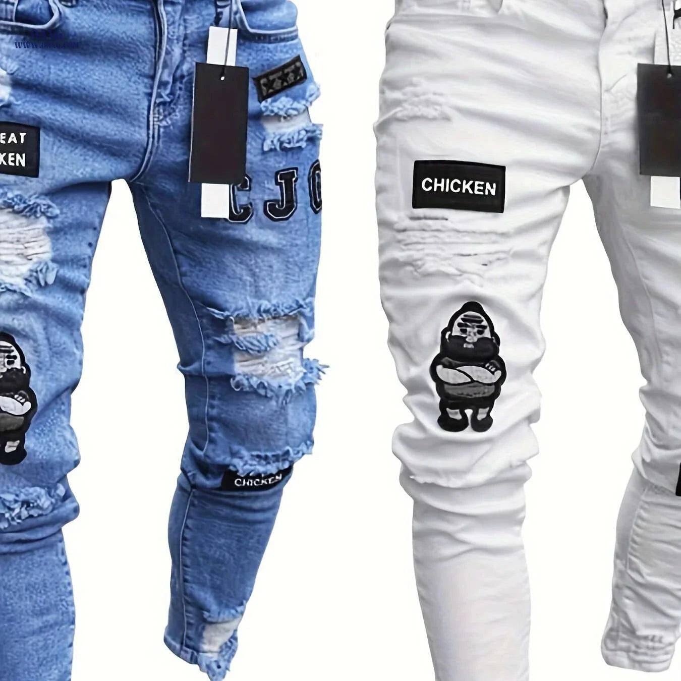 Ripped Skinny Jeans for Men - Stretch Fit Casual Trousers   OAXG White / S