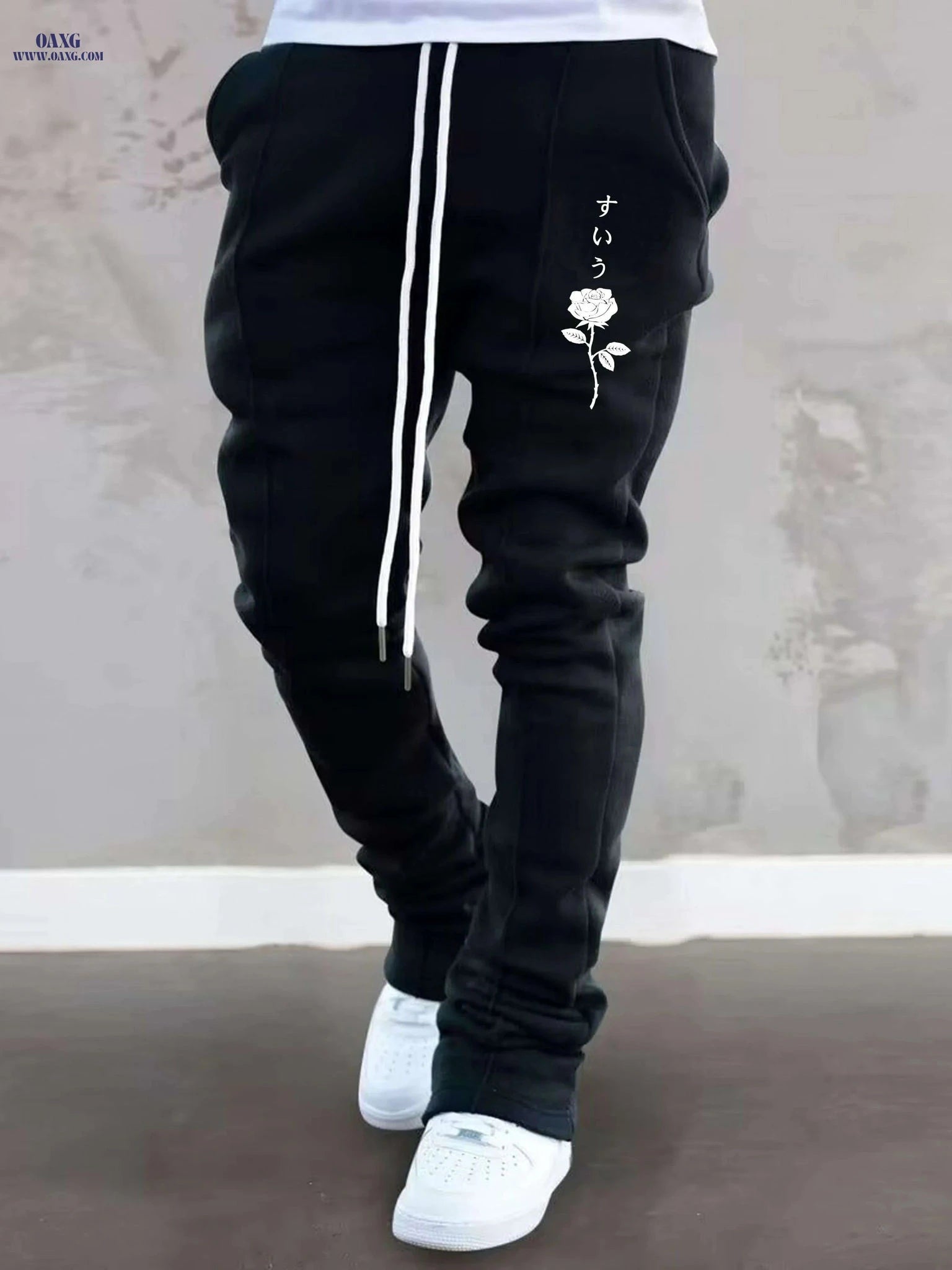 Rose Series Men's Casual Pants - Lightweight Floral Drawstring Style   OAXG Black / S