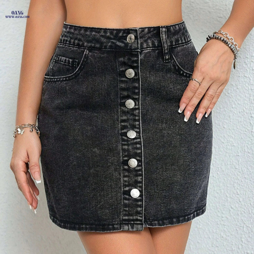 ROSNIDI Women's Classic Straight-Leg Denim Skirt - Dark Wash Casual   OAXG Dark Gray / XS