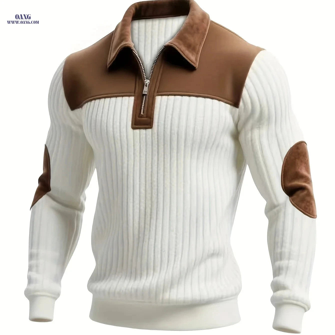 ROYALBOY Men's Color-Block Pullover - Warm Thick Casual Zipper Detail   OAXG White / FR S