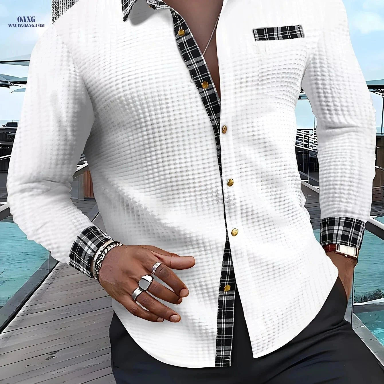 ROYALBOY Men's Plaid Waffle Knit Shirt - Long Sleeve Casual Fit   OAXG White / FR S