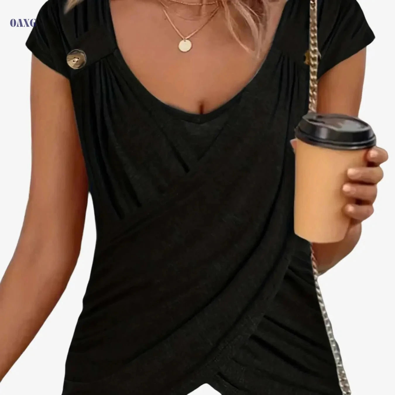 Ruched Button Decor Crew Neck T-Shirt - Casual Women's Top   OAXG 