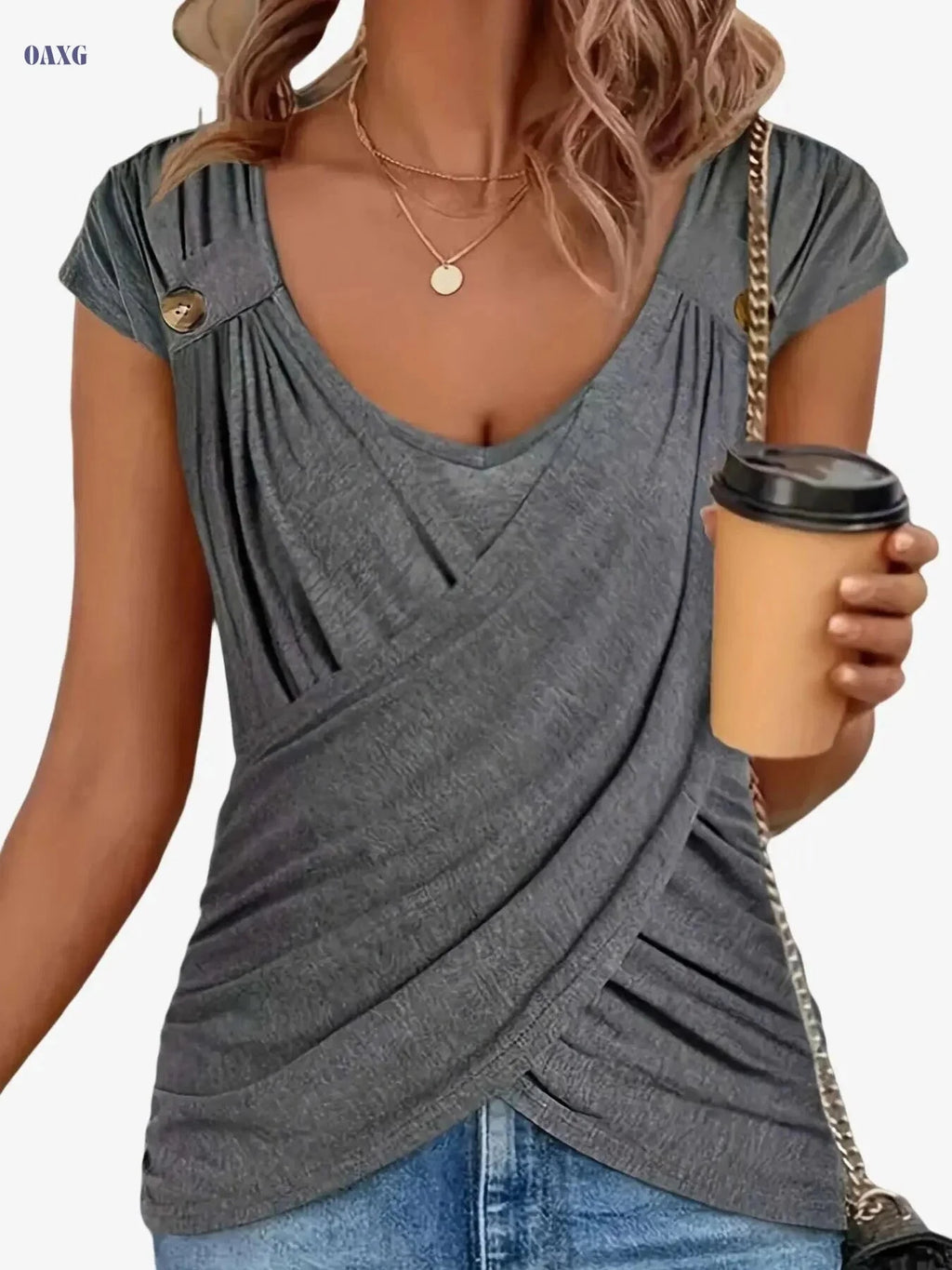 Ruched Button Decor Crew Neck T-Shirt - Casual Women's Top   OAXG 