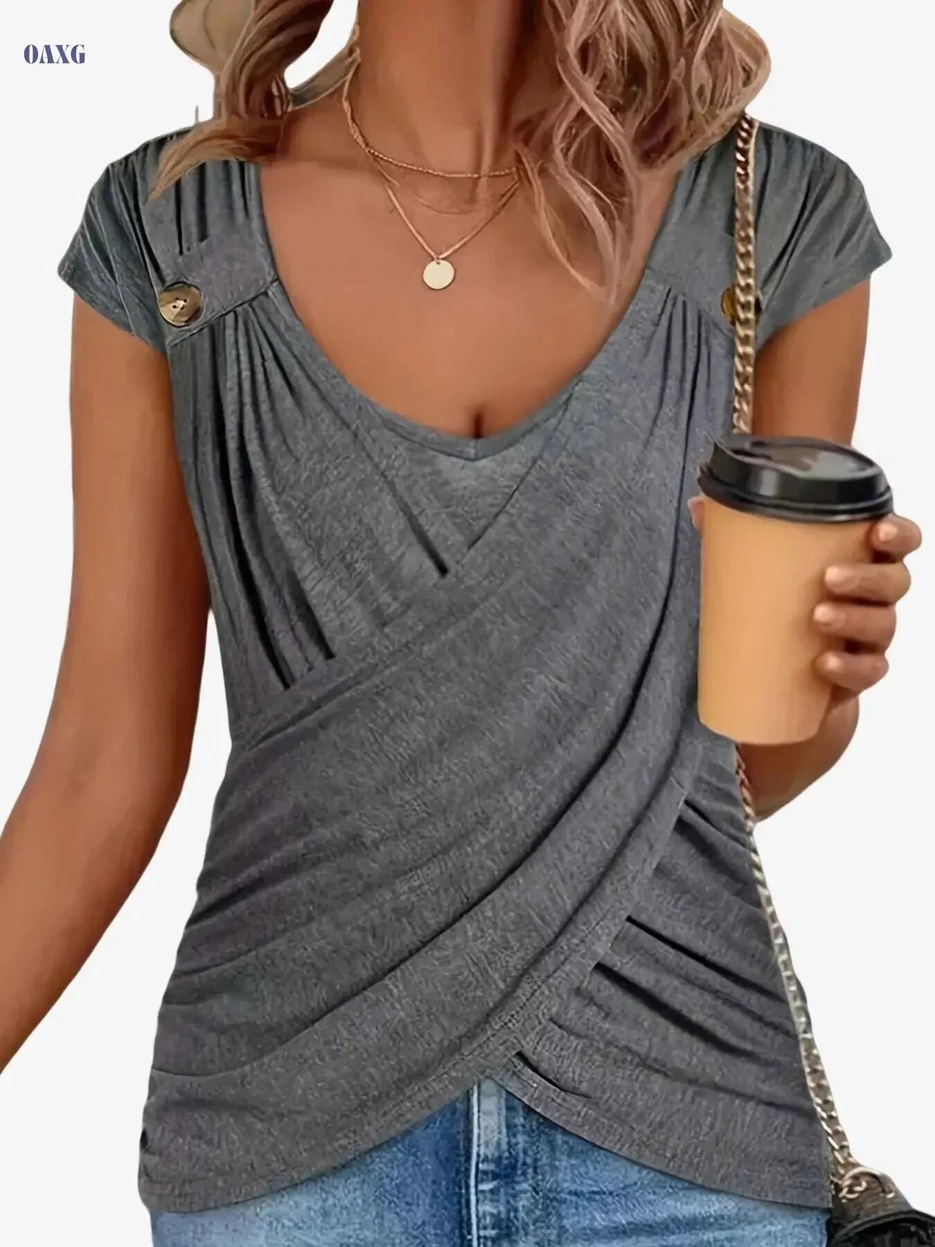 Ruched Button Decor Crew Neck T-Shirt - Casual Women's Top   OAXG 