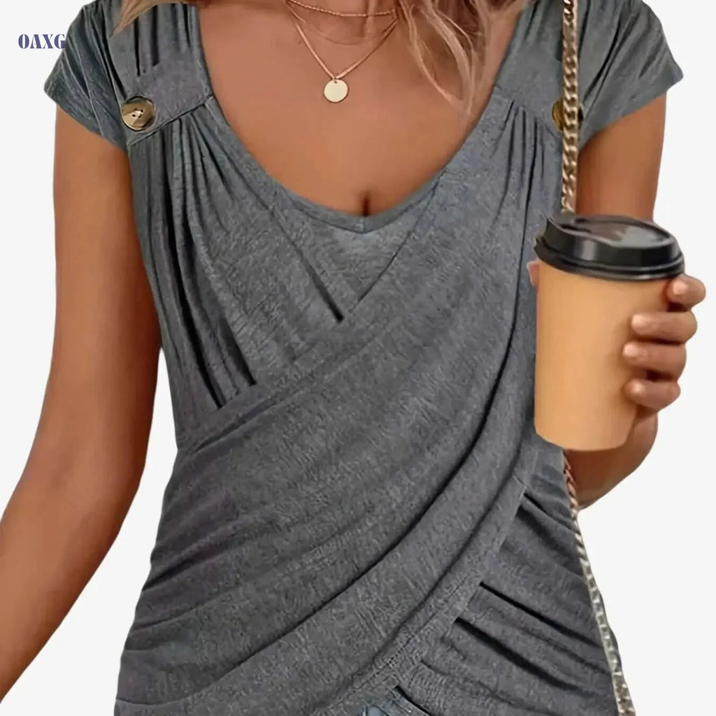 Ruched Button Decor Crew Neck T-Shirt - Casual Women's Top   OAXG grey / S
