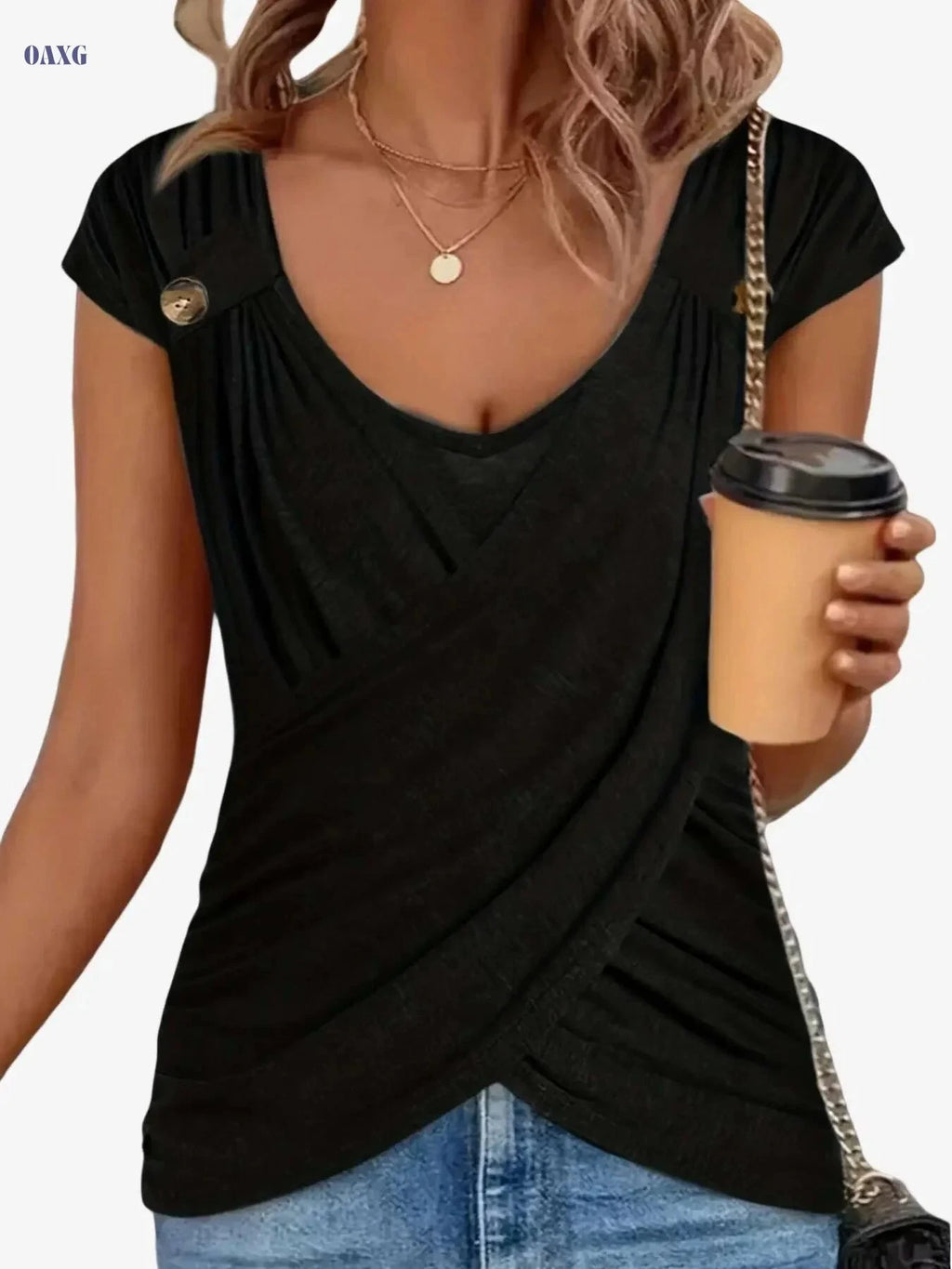 Ruched Button Decor Crew Neck T-Shirt - Casual Women's Top   OAXG 