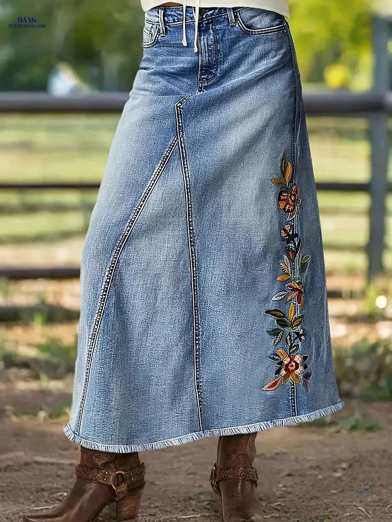 SANIME Women's Denim Skirt - Retro Floral Embroidery, Casual Fit   OAXG 