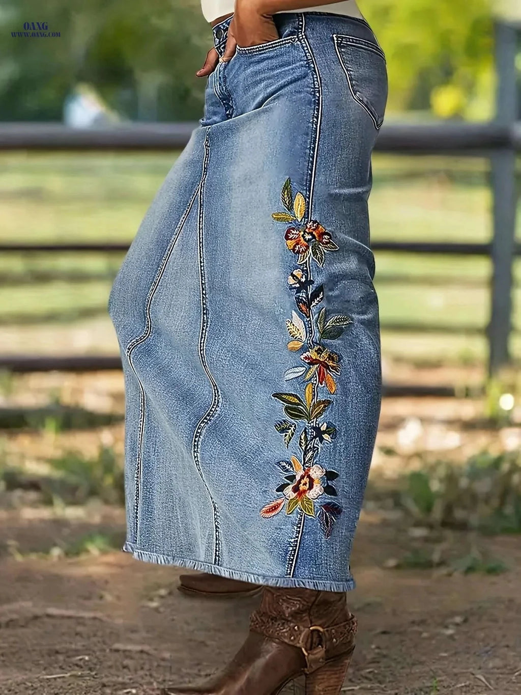 SANIME Women's Denim Skirt - Retro Floral Embroidery, Casual Fit   OAXG Blue / S