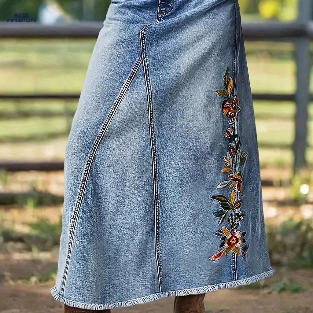 SANIME Women's Denim Skirt - Retro Floral Embroidery, Casual Fit   OAXG Blue / S