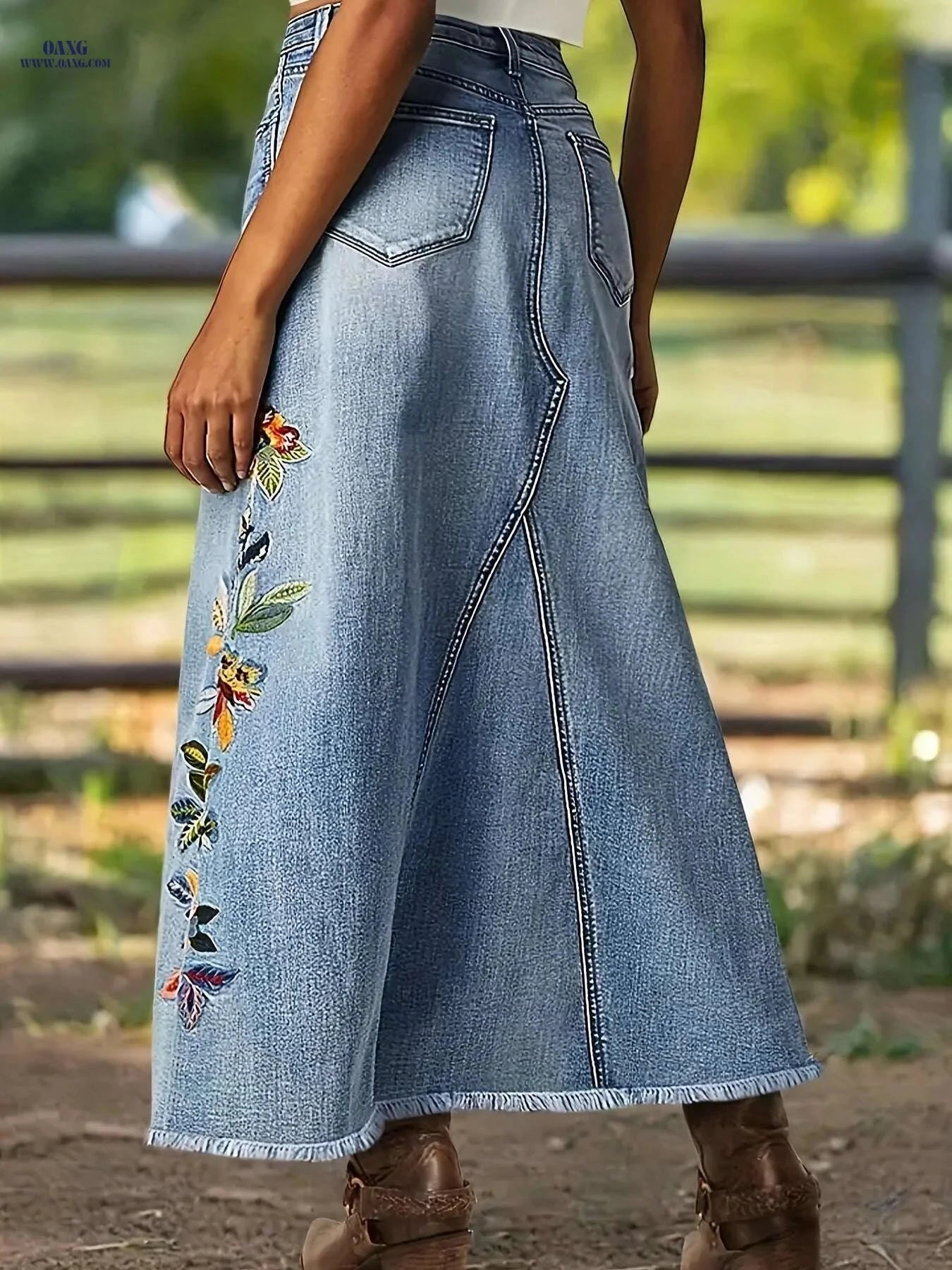 SANIME Women's Denim Skirt - Retro Floral Embroidery, Casual Fit   OAXG 
