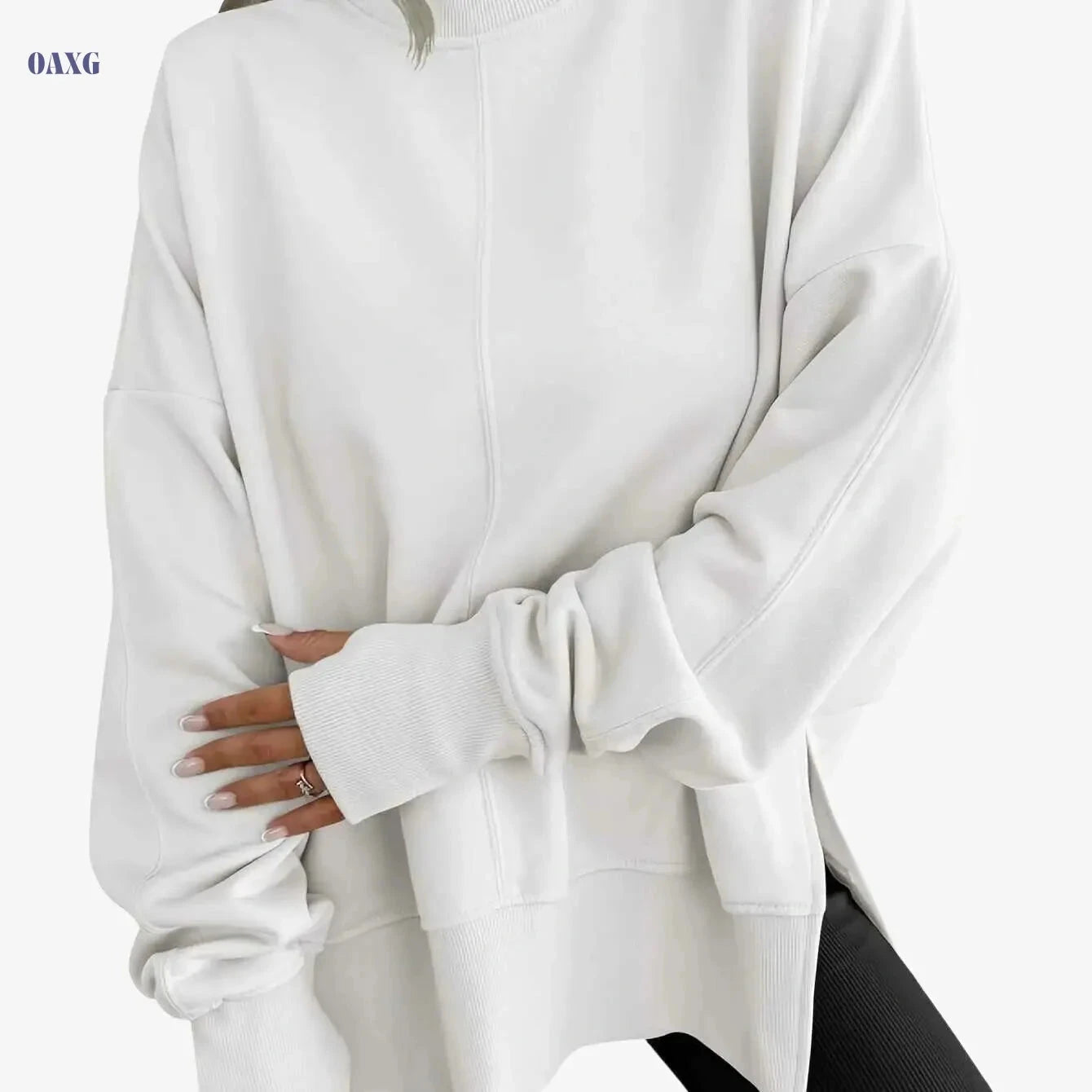 SCACTO Women's Casual Hoodie - Loose Fit with Side Slit, Velvet Top   OAXG White / S