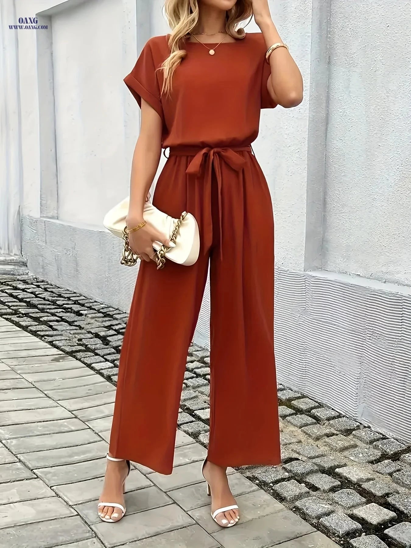 SCACTO Women's Casual Jumpsuit - Elegant All-Match with Crew Neck   OAXG Chocolate / S