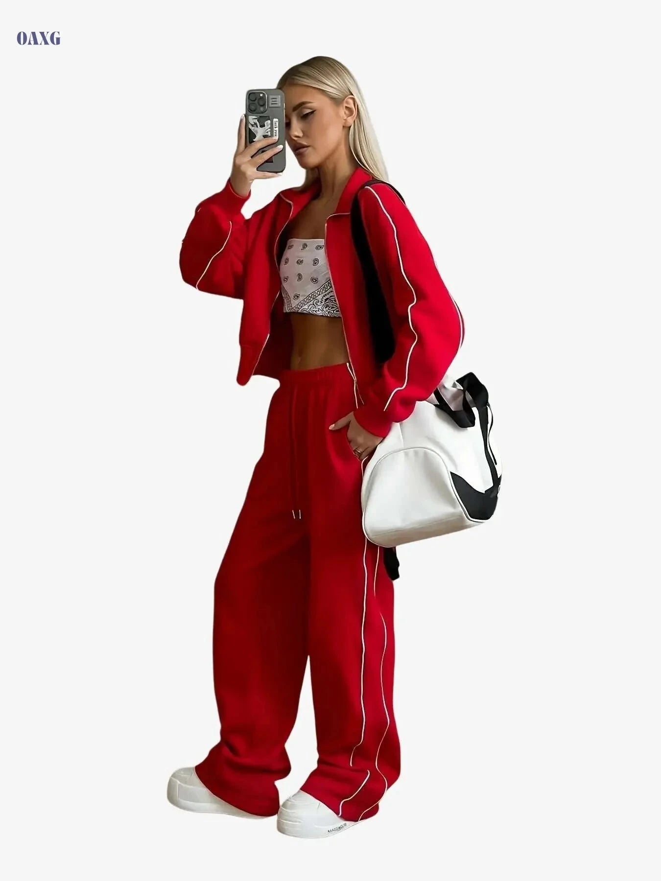 SCACTO Women's Two-Piece Set - Zipper Jacket & Drawstring Pants   OAXG Light Grey / S
