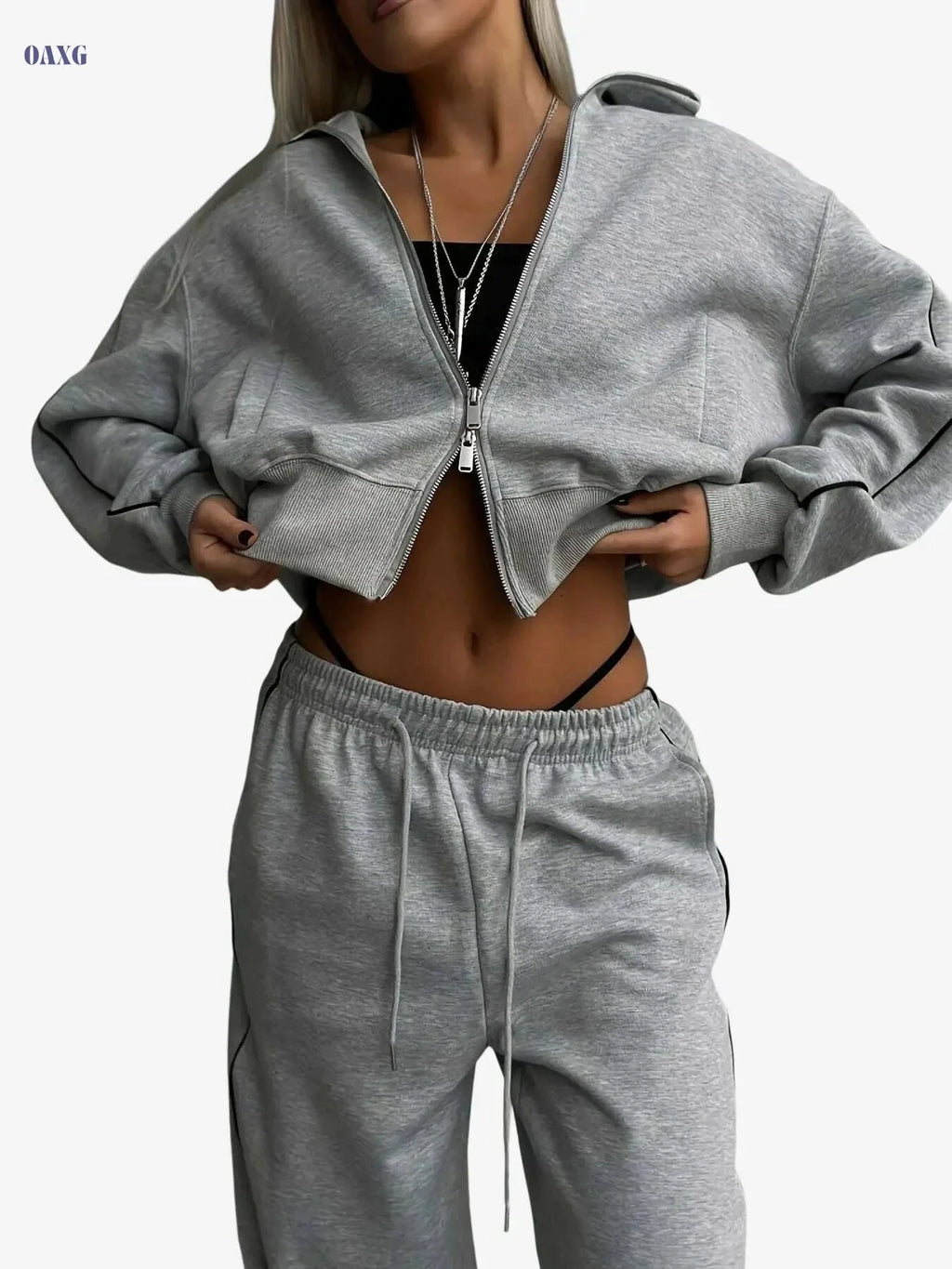 SCACTO Women's Two-Piece Set - Zipper Jacket & Drawstring Pants   OAXG Light Grey / S