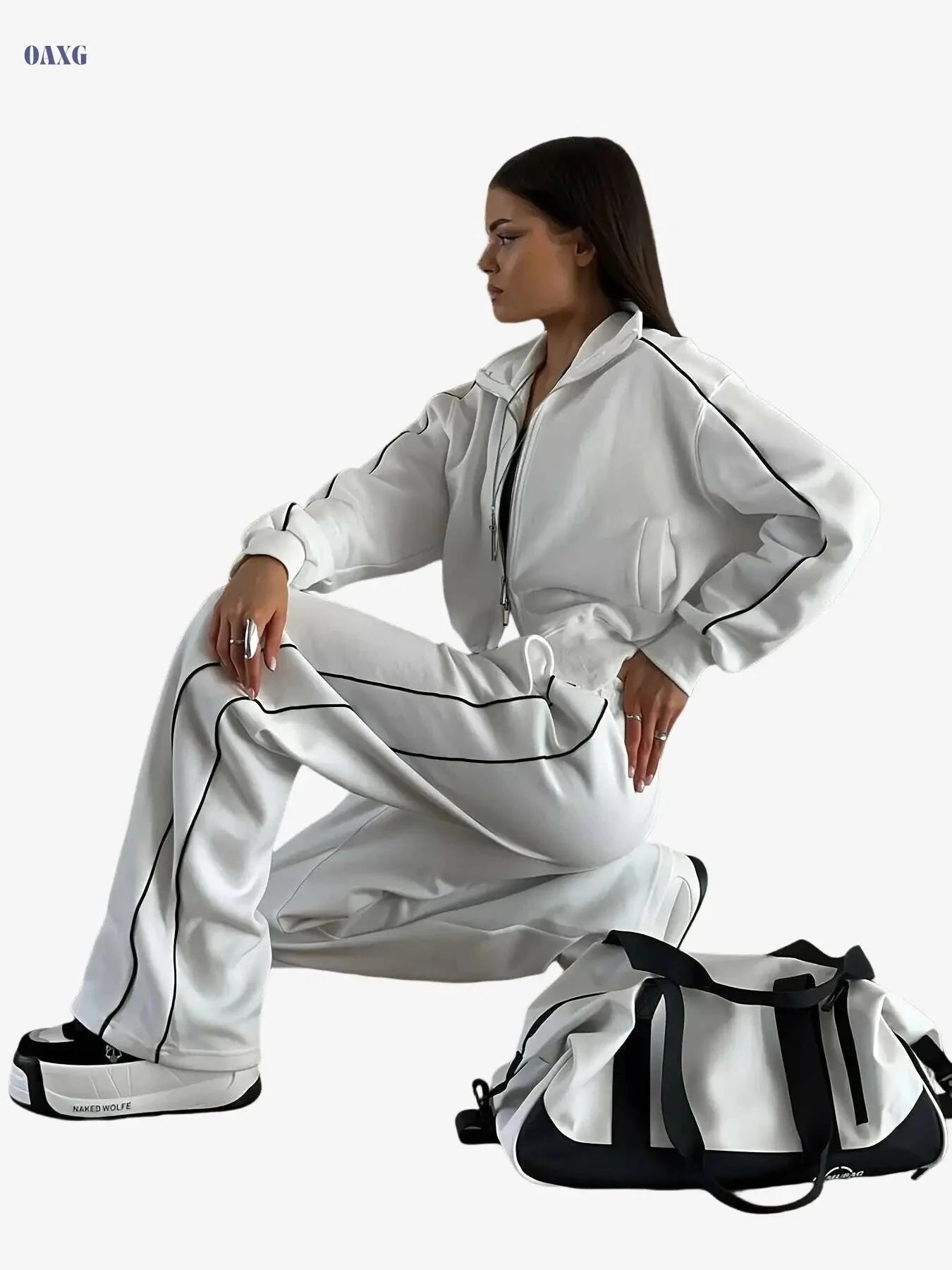 SCACTO Women's Two-Piece Set - Zipper Jacket & Drawstring Pants   OAXG Light Grey / S