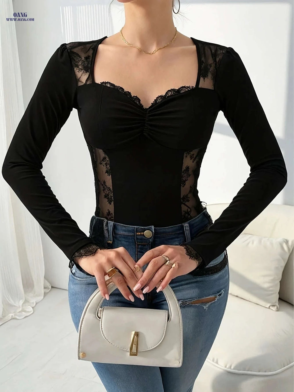 Seductive Lace Top - Semi-Sheer V-Neck Design for Spring/Fall   OAXG 