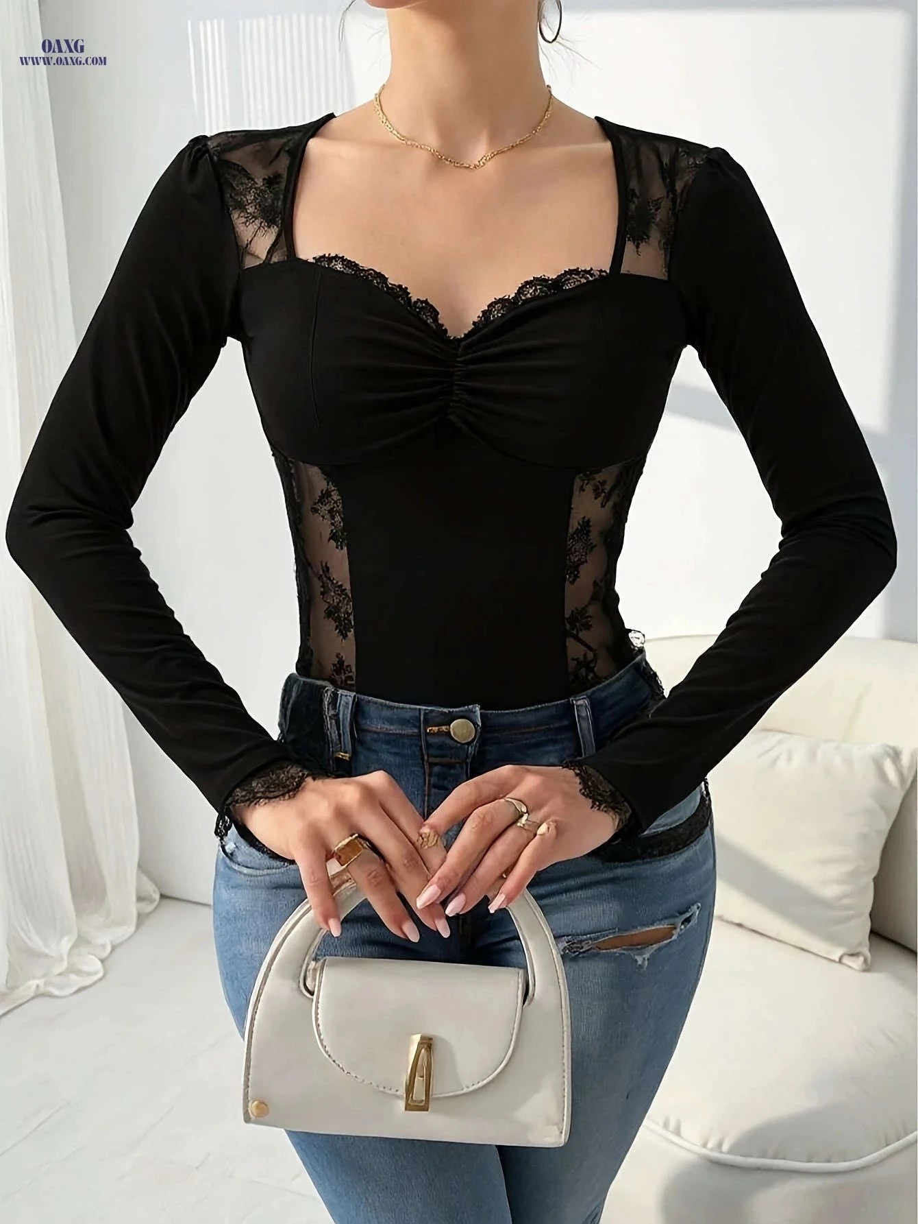 Seductive Lace Top - Semi-Sheer V-Neck Design for Spring/Fall   OAXG 