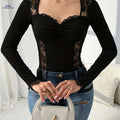 Seductive Lace Top - Semi-Sheer V-Neck Design for Spring/Fall   OAXG Black / XS