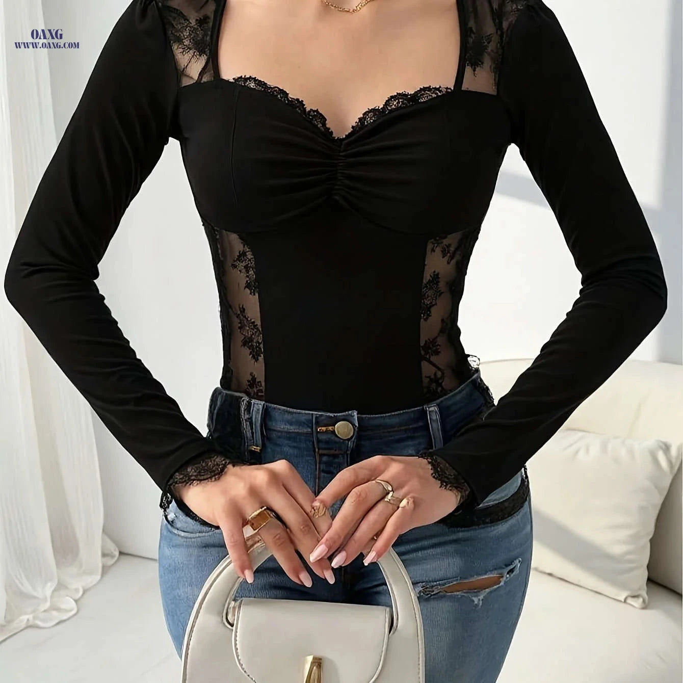 Seductive Lace Top - Semi-Sheer V-Neck Design for Spring/Fall   OAXG Black / XS