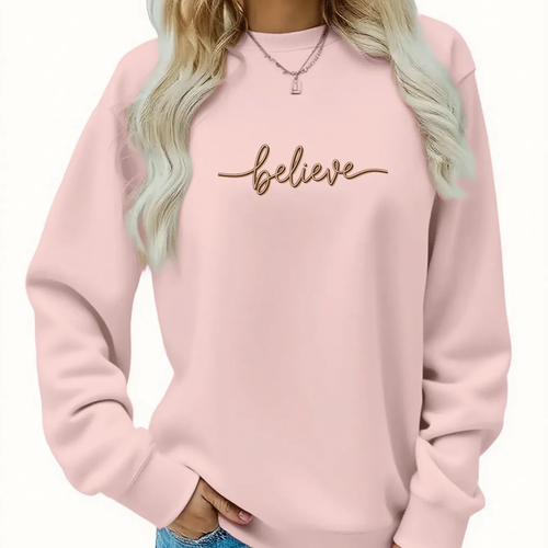 Send Inspirational Style to Friends! "Believe" 3D Handwritten Font Printed Women'S Casual Fleece Round Neck Sweatshirt, Motivational Easy Style   OAXG Black / S
