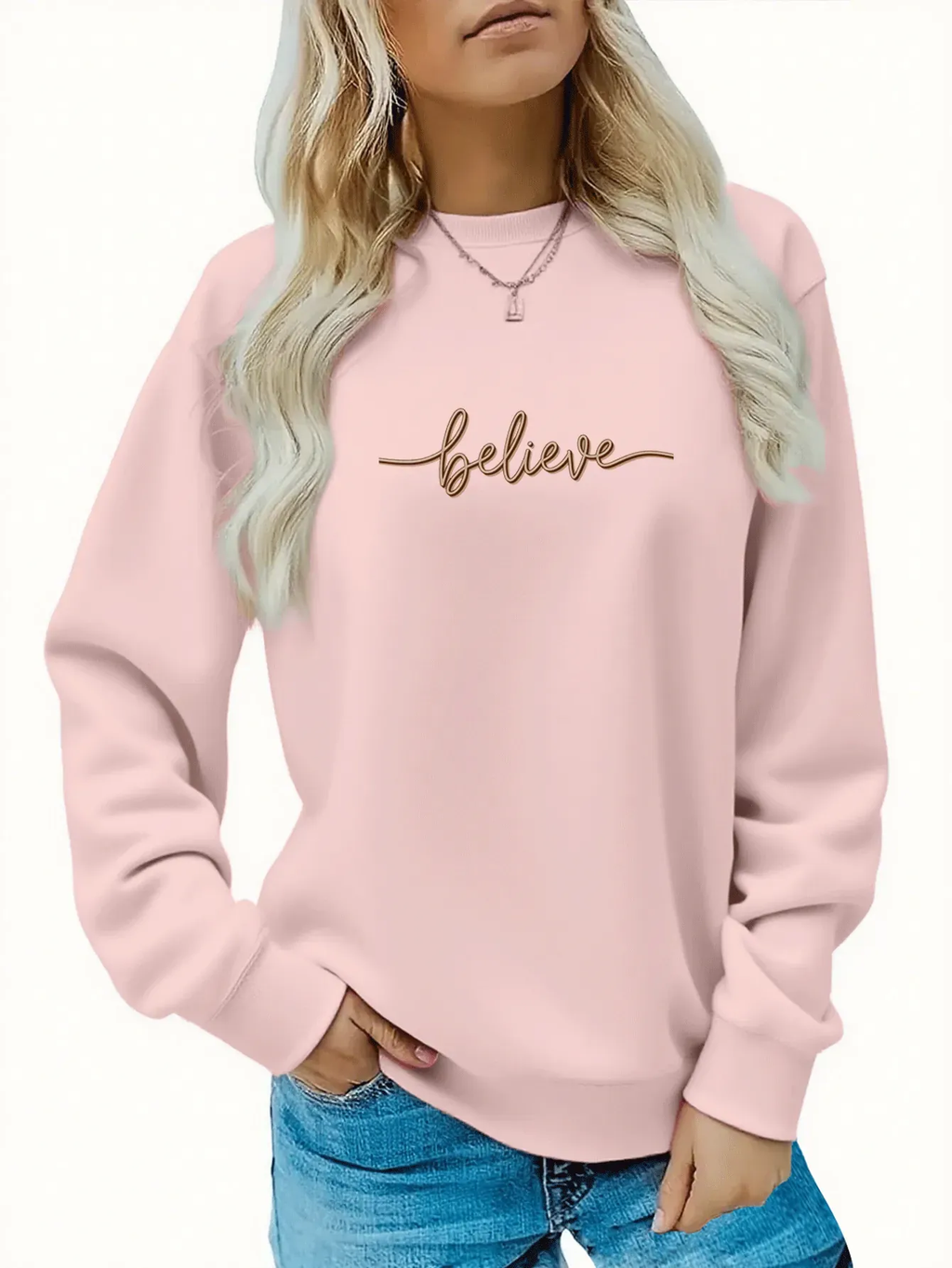 Send Inspirational Style to Friends! "Believe" 3D Handwritten Font Printed Women'S Casual Fleece Round Neck Sweatshirt, Motivational Easy Style   OAXG Black / S