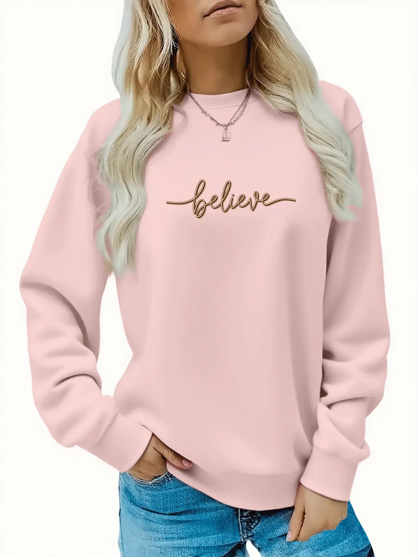 Send Inspirational Style to Friends! "Believe" 3D Handwritten Font Printed Women'S Casual Fleece Round Neck Sweatshirt, Motivational Easy Style   OAXG Black / S