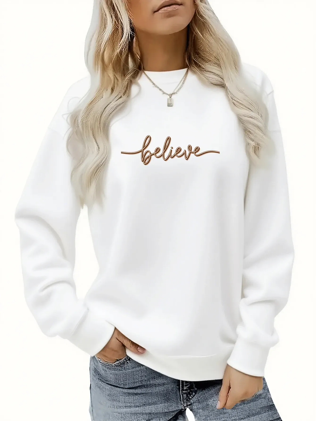 Send Inspirational Style to Friends! "Believe" 3D Handwritten Font Printed Women'S Casual Fleece Round Neck Sweatshirt, Motivational Easy Style   OAXG Black / S