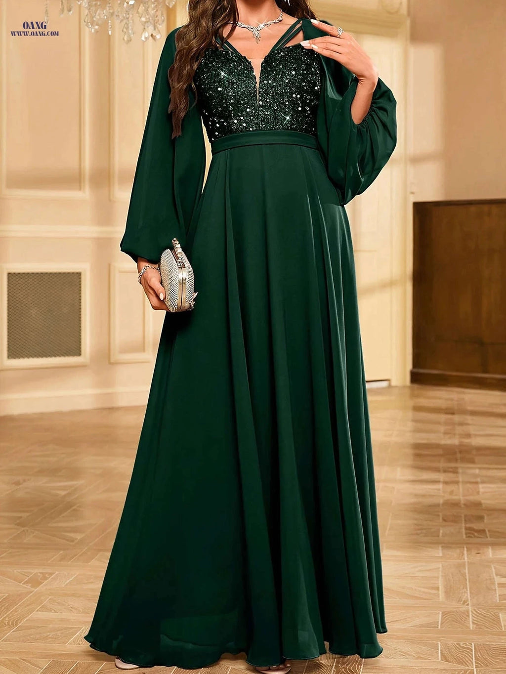 Sequin Patchwork Dress - Stylish V-Neck Fitted Design for Adults   OAXG 