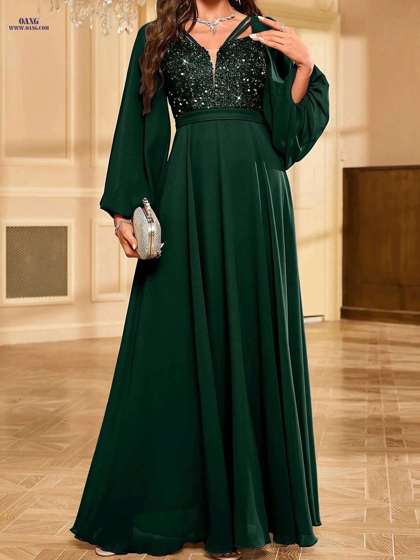 Sequin Patchwork Dress - Stylish V-Neck Fitted Design for Adults   OAXG 