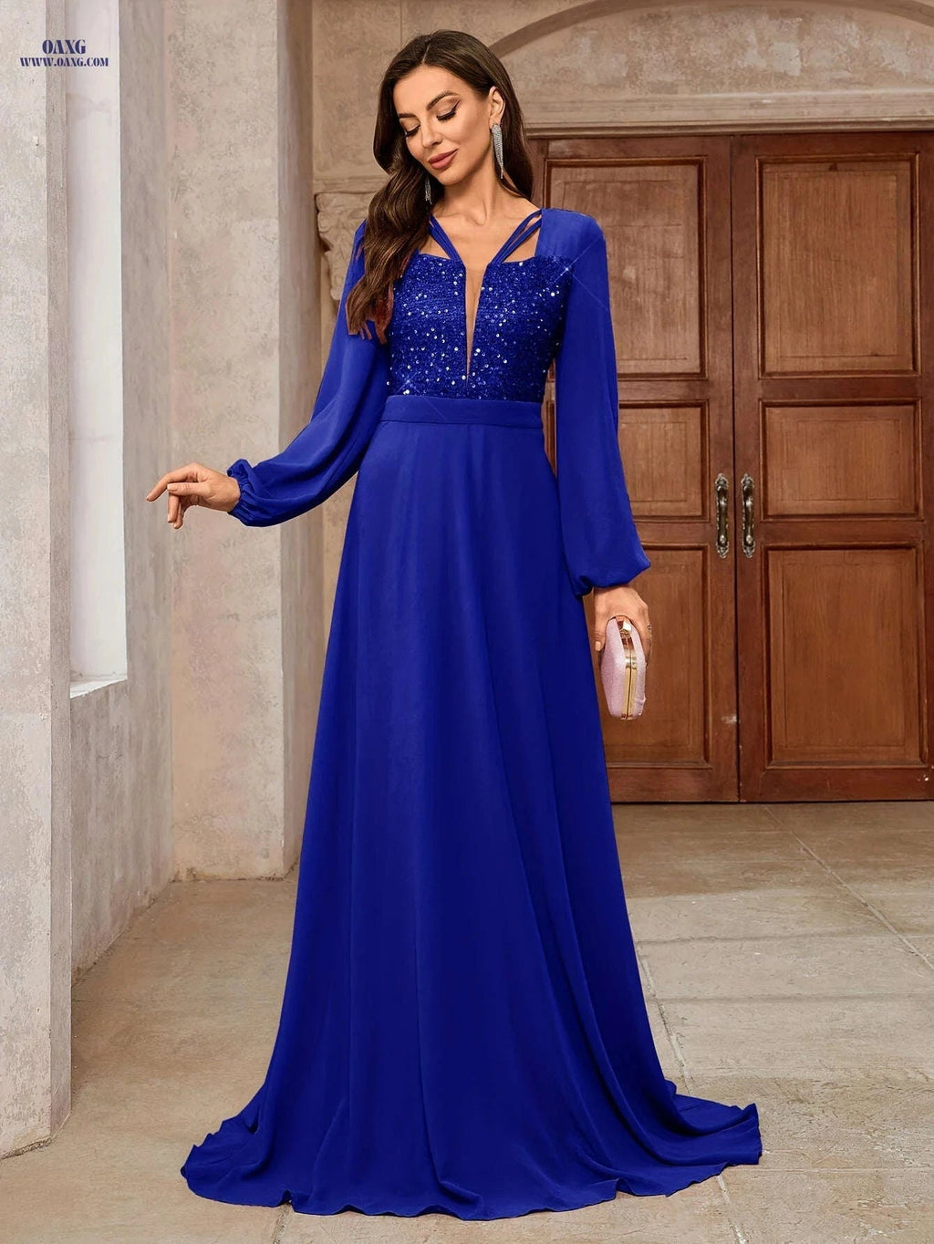 Sequin Patchwork Dress - Stylish V-Neck Fitted Design for Adults   OAXG 