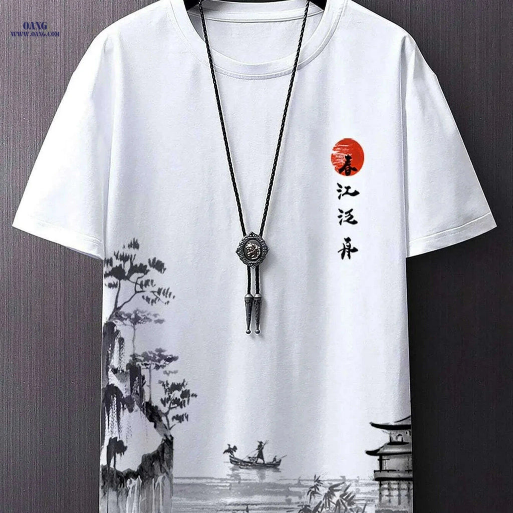 Serene Ink Wash Landscape Tee - Casual Men's Summer Wear   OAXG 