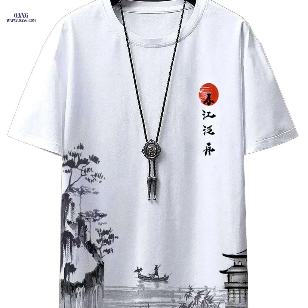 Serene Men's Graphic Tee - Ink Wash Landscape Print for Casual Wear   OAXG Mixed Color / S